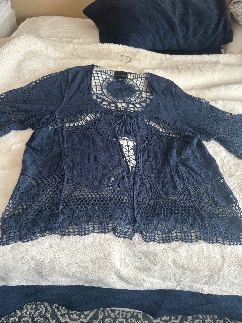Open-Front Crochet Lace Tunic - Navy